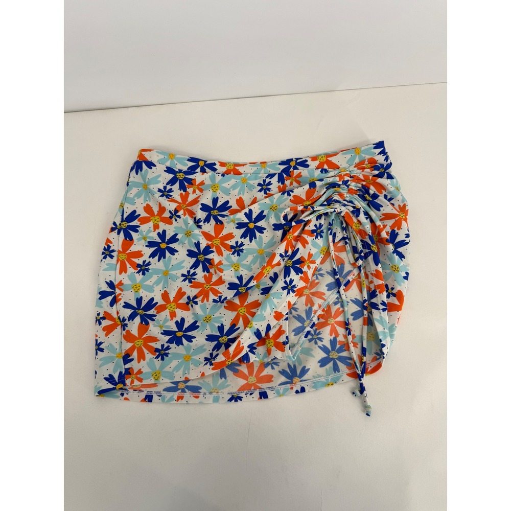 Byoauo Womens Floral Swim Skirt Sz M Blue Orange Daisy Ruched Side Swim Bottom